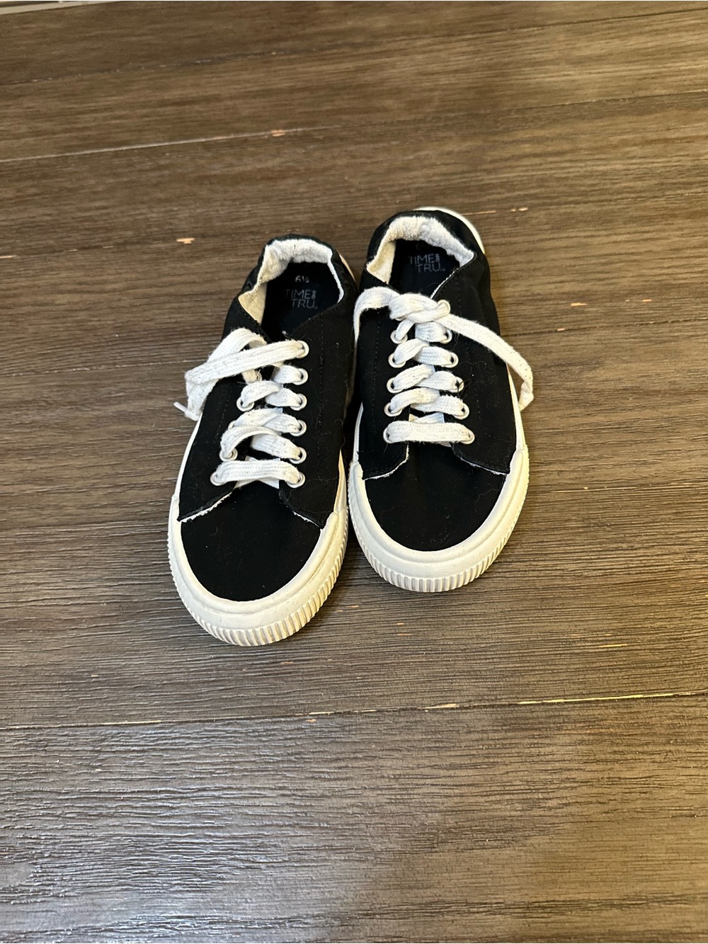 Women's 6.5  Black Canvas Lace-Up Sneakers with White Accents